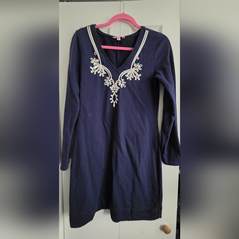Lily Pulitzer Navy Blue Dress with Embroidered Detail & Gold Accent Buttons Sz M